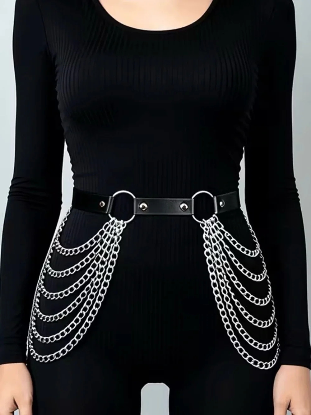 Black Faux-Leather Chain Hip Belt with Silver Rings
